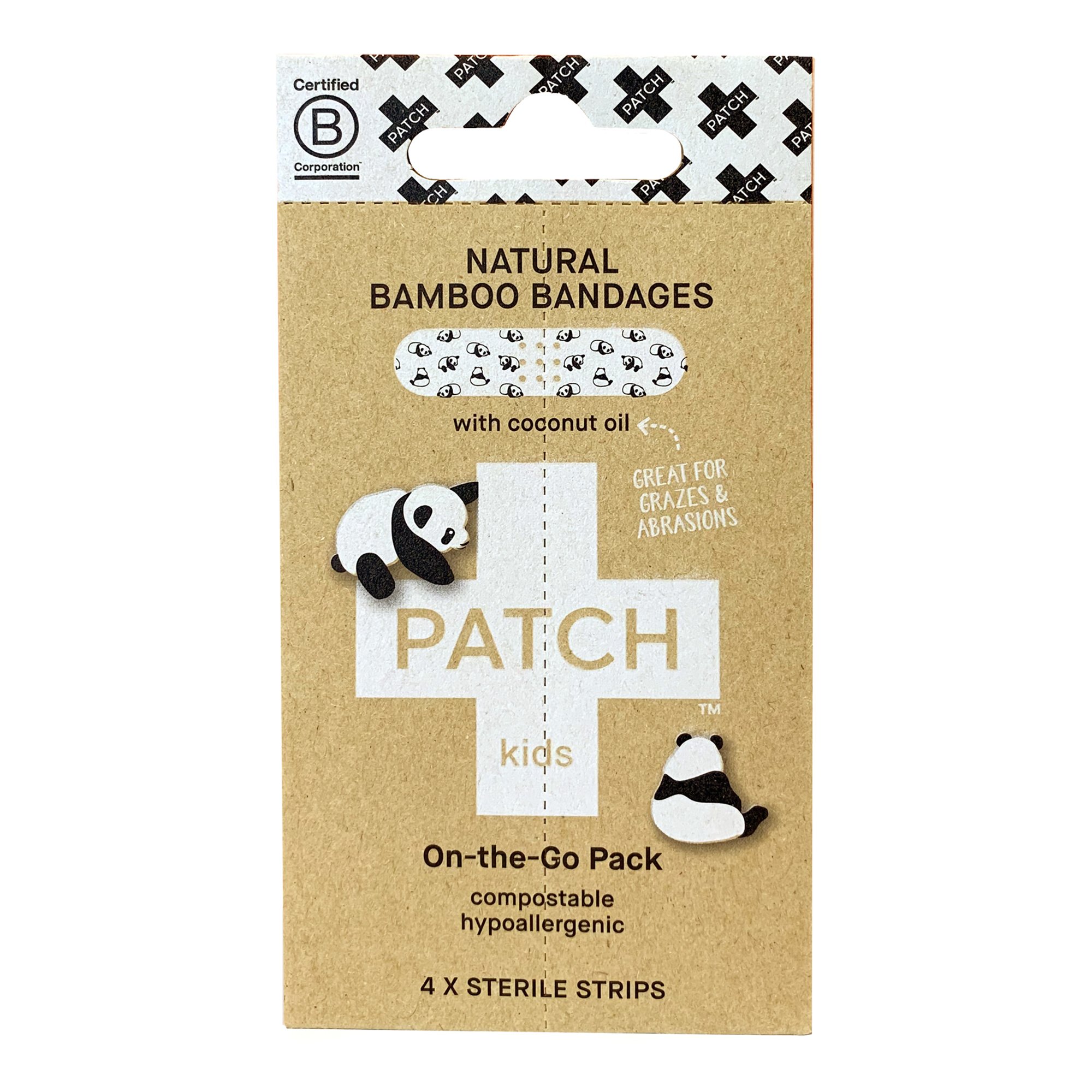Patch Kids On The Go Pack Adhesive Bandages with Coconut Oil * 3/4 x 3 Inches, Kid Panda Design, Eco-Friendly Bamboo Material