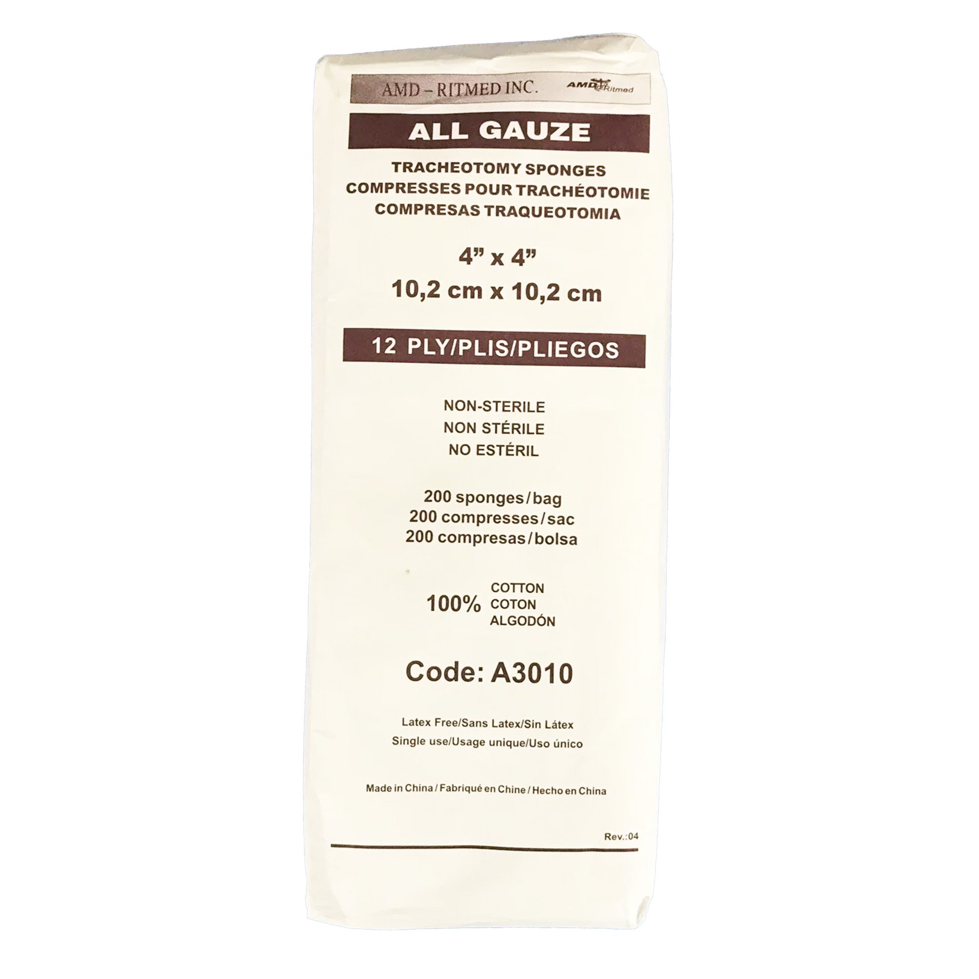 All Gauze 951136 PK - 12-Ply White Split Gauze Sponge, 4 x 4 Inch, Pack of 200