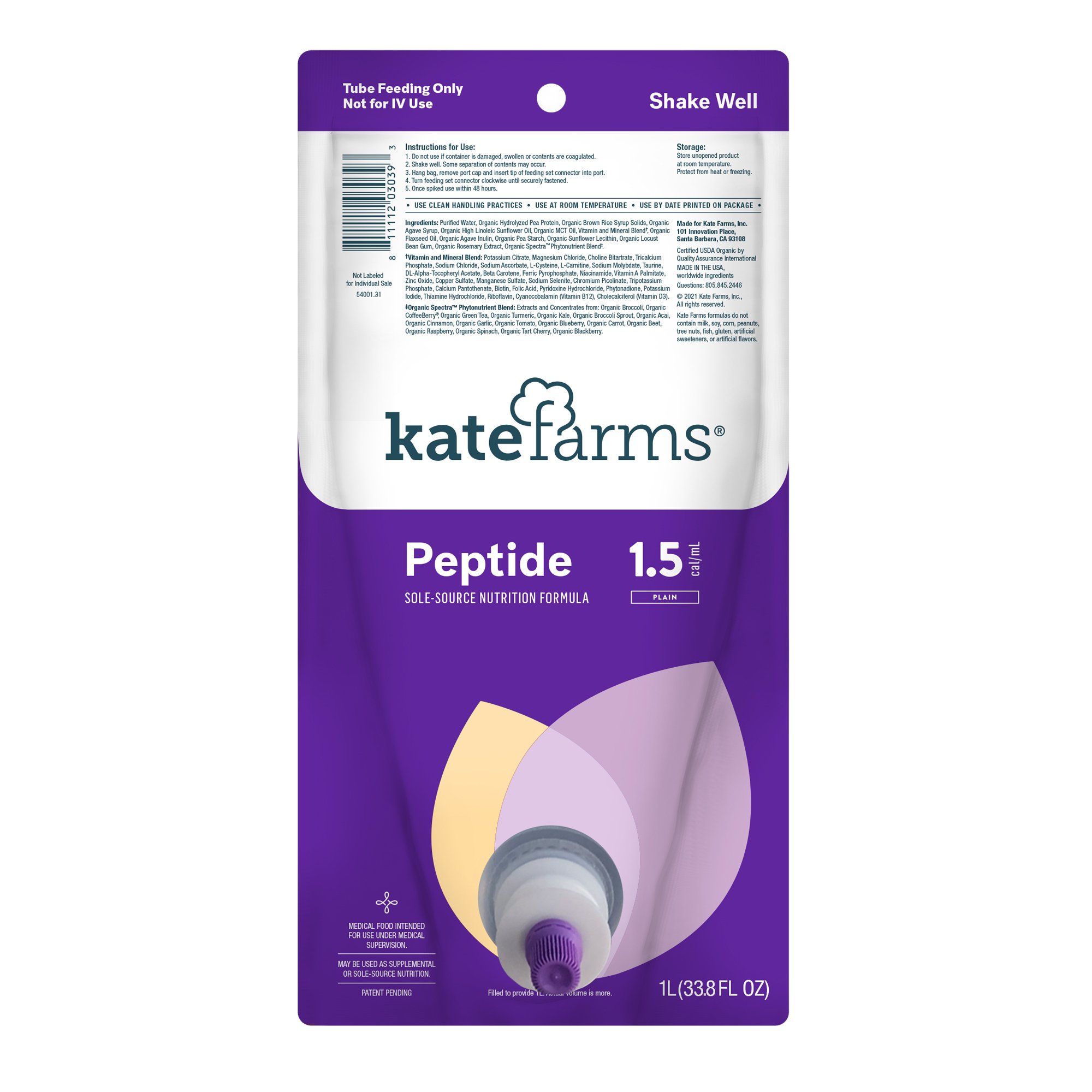 Tube Feeding Formula Kate Farms Peptide 1.5 Closed System