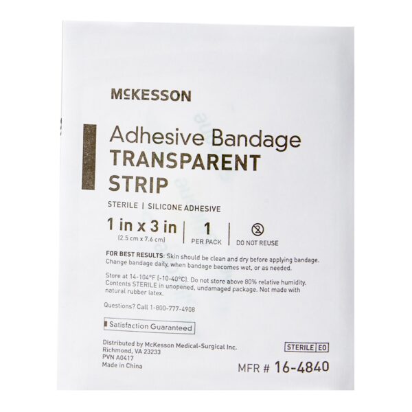 McKesson Sheer Waterproof Adhesive Bandage Strip, 1 x 3 Inch * Sterile Silicone Wound Cover - Image 2