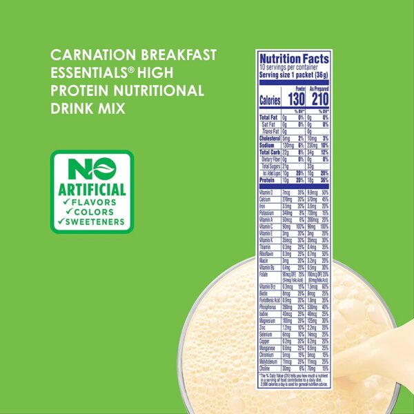 Carnation Breakfast Essentials High Protein Vanilla Nutritional Drink - 1.31 oz. Packets, 18g Protein, Calcium & Vitamin D Boost for Ages 9+ - Image 2