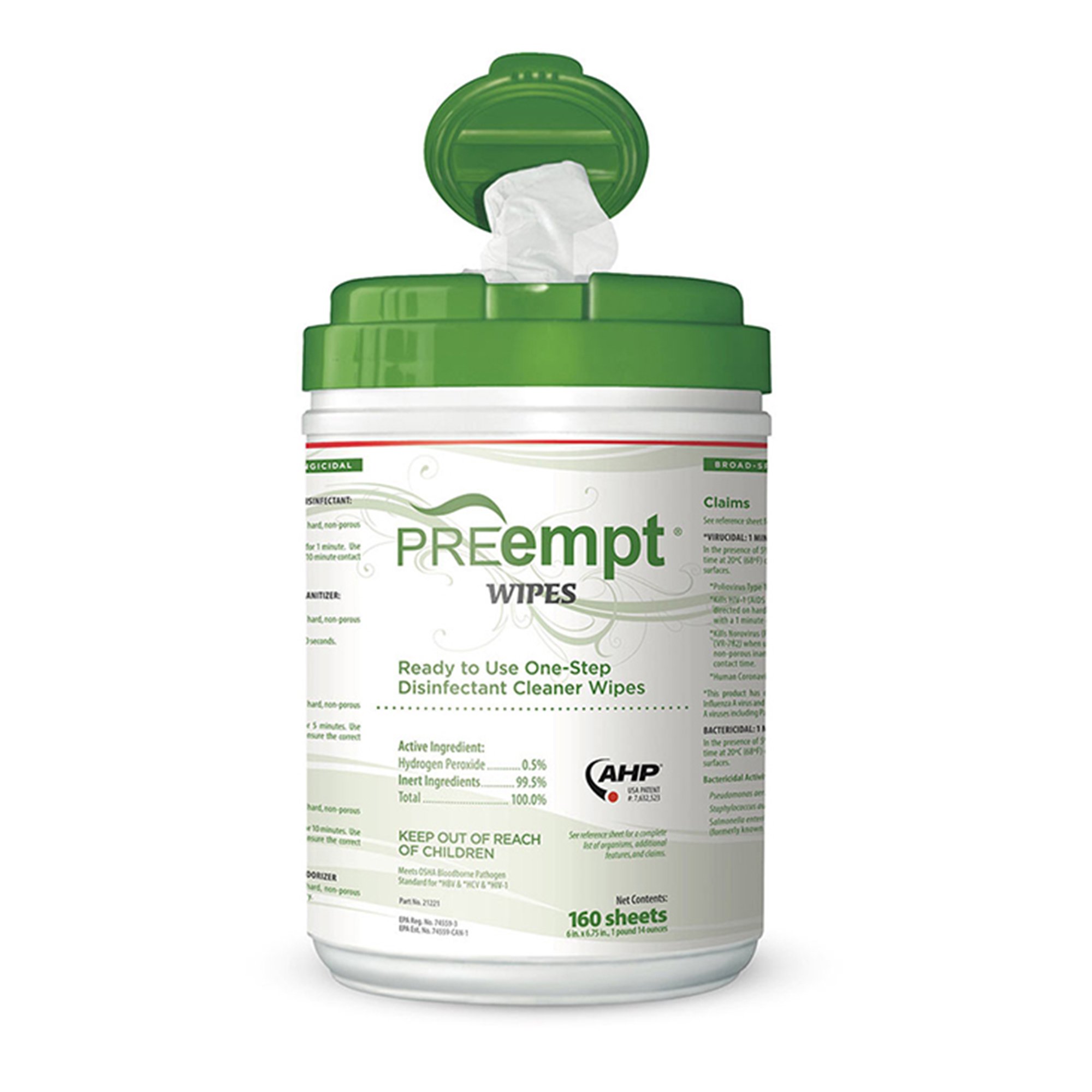 PREempt® Surface Disinfectant Cleaner Wipes – 6 x 7 Inch Premoistened Wipes, 160 Count Canister