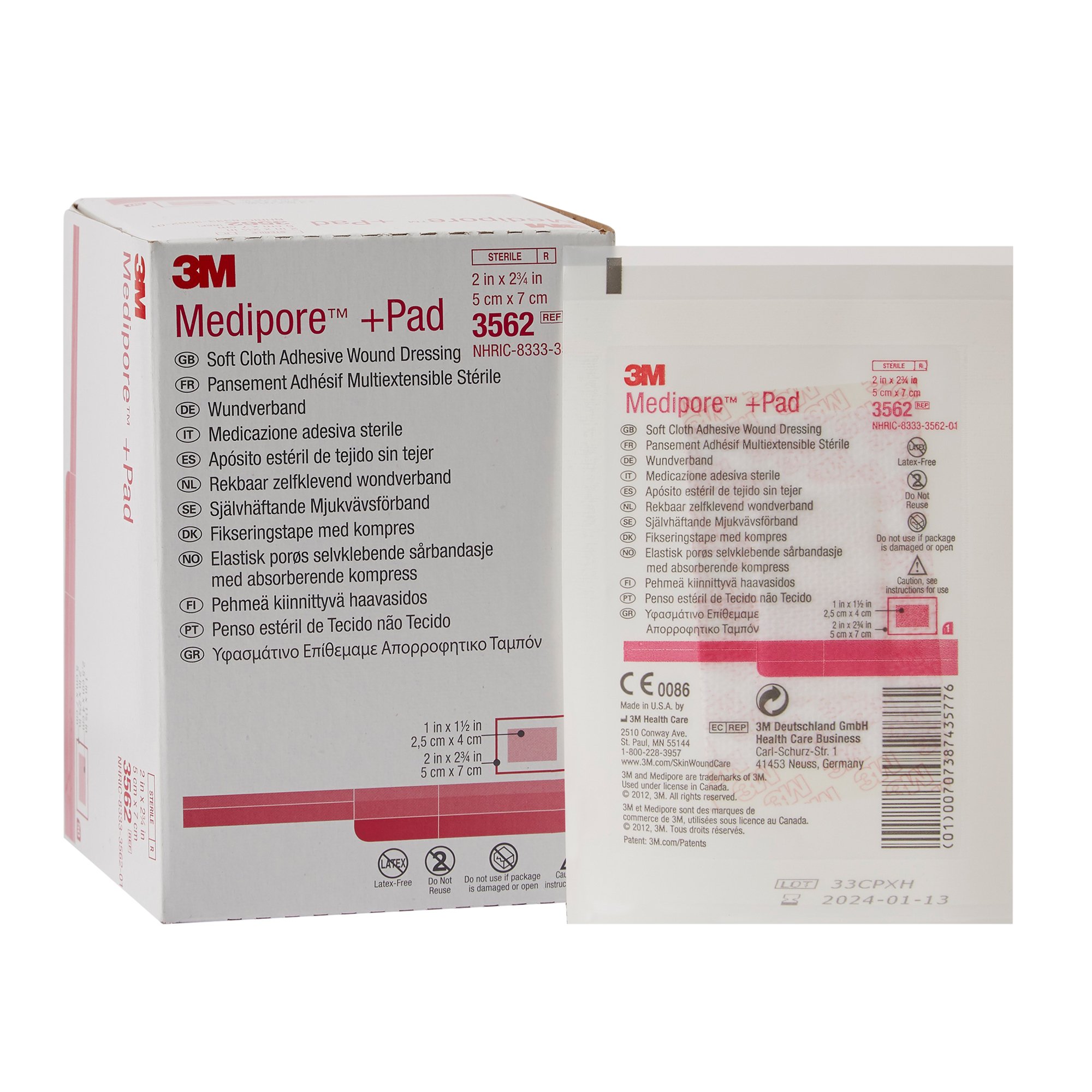 3M Medipore Sterile Adhesive Dressing, 2 x 2-3/4 Inch, Soft Cloth Material with Absorbent Pad