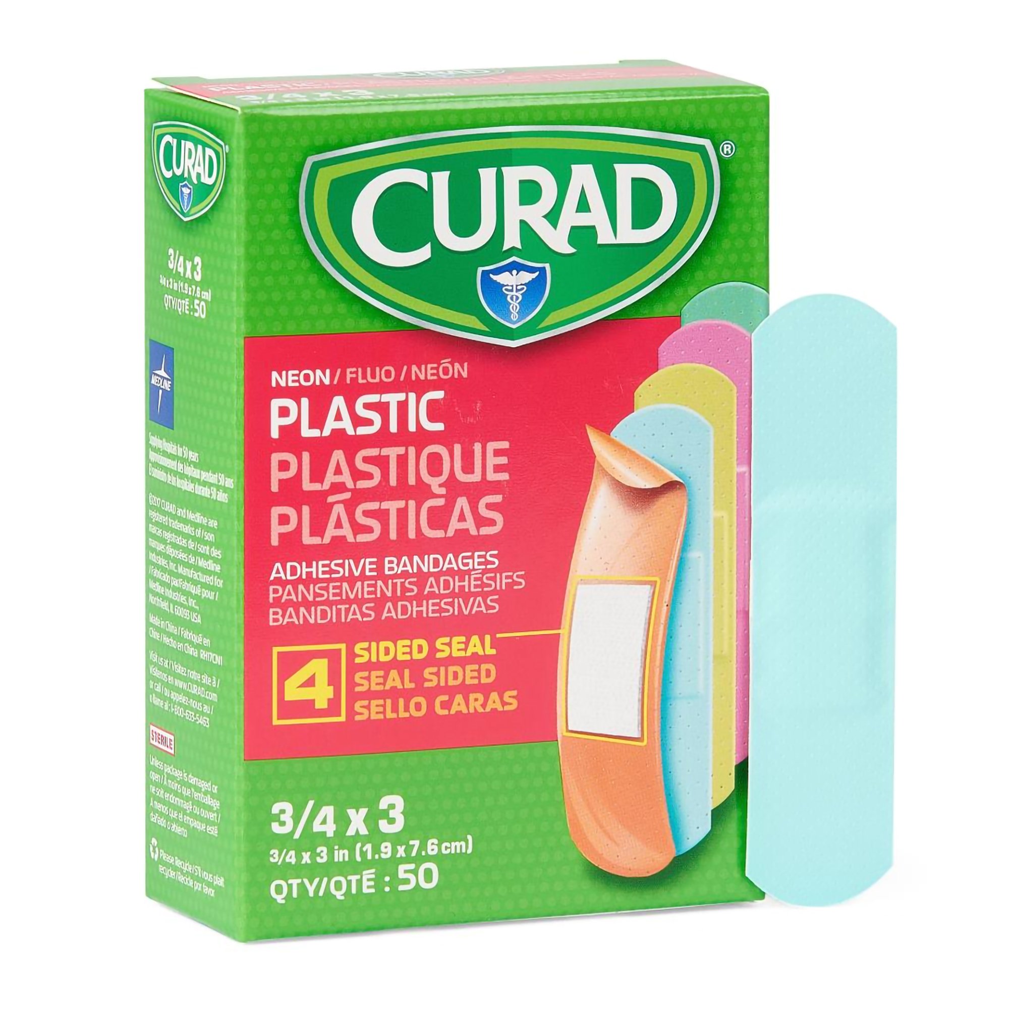 Curad Neon Adhesive Bandages, 3/4 x 3 Inches (50 Per Box, 24 Boxes per Case) - Sterile, Flexible Plastic Wound Cover