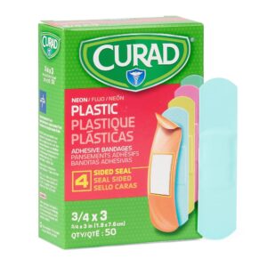 Curad Neon Plastic Adhesive Bandage, 3/4 x 3 Inches, Sterile, Pack of 50