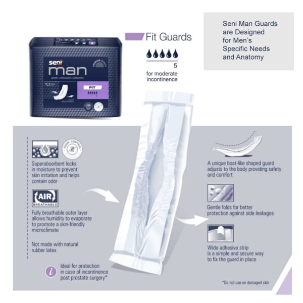 Seni® Man Fit Bladder Control Guards – Moderate Absorbency, Male Fit, 3.5 x 15.7 Inches, Pack of 10 - Image 2