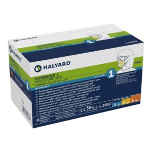FluidShield Procedure Mask - ASTM F2100 Level 1, BFE ≥99.9%, PFE ≥98.8%, Yellow, Adult, 500 Count