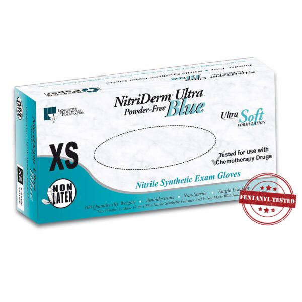 NitriDerm Ultra Blue Extra Small Nitrile Exam Gloves - Light Blue, Polymer Coated, Fully Textured, Beaded Cuff, Ambidextrous, 100 Pack - Image 2