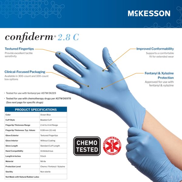 McKesson Confiderm® 2.8 C Extra Small Nitrile Exam Gloves – Ocean Blue, Beaded Cuff, Textured Fingertips - Image 5