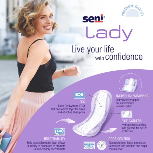 Seni® Lady Moderate Long Absorbency Bladder Control Pads - 11 Inch, Pack of 26 - Image 2