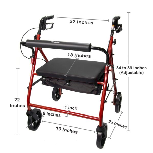 McKesson Bariatric Red Folding Steel Four-Wheel Rollator with 400 lbs Capacity - Image 3