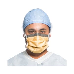 FluidShield Surgical Mask with Eye Shield – ASTM F2100 Level 3, PFE 99%, BFE 99%, Orange, Anti-Fog Wraparound Visor, Tie Closure, NonSterile