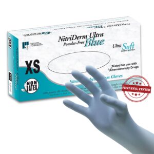 NitriDerm Ultra Blue Extra Small Nitrile Exam Gloves - Light Blue, Polymer Coated, Fully Textured, Beaded Cuff, Ambidextrous, 100 Pack
