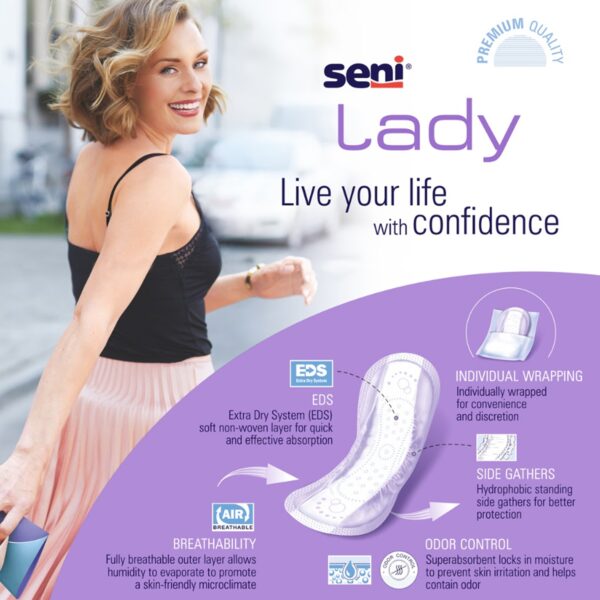 Seni® Lady Maximum Long Bladder Control Pads - 11 Inch, Moderate Absorbency, Pack of 30 - Image 2