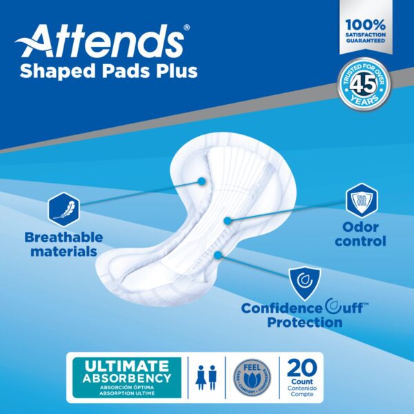 Attends Shaped Bladder Control Pads Plus - Heavy Absorbency, 12 x 25 1/2 Inches, Unisex, Disposable, Pack of 80 - Image 9